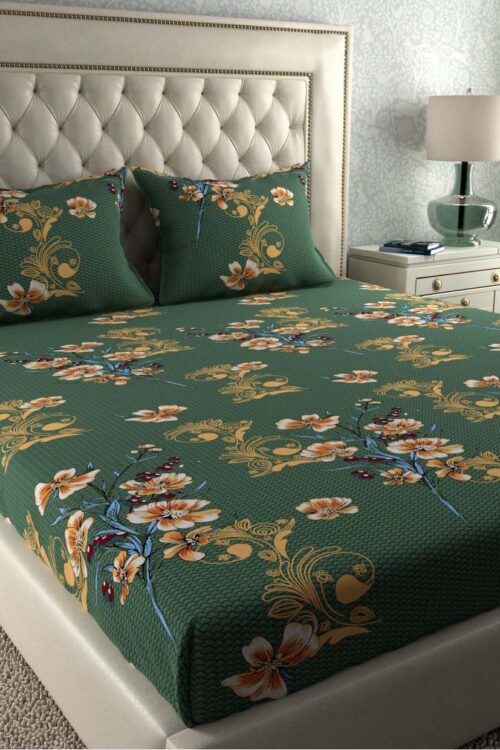 Green Background and Pink, Yellow Mix Flower Color Bedsheet Cover